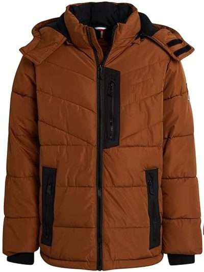 Men Brown Quilted Puffer Jacket with Hood