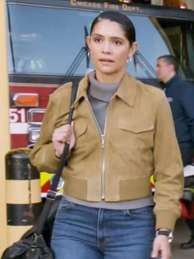 Chicago Fire S14 Miranda Rae Mayo Brown Suede Leather Bomber Jacket