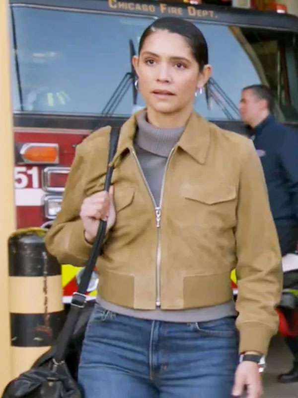 Chicago Fire S14 Miranda Rae Mayo Brown Suede Leather Bomber Jacket