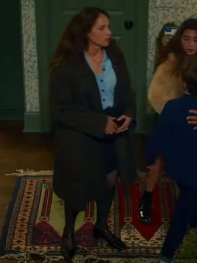 Felicity Jones Oh What Fun 2025 Black Cotton Coat