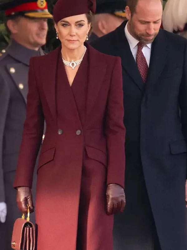 Ceremonial Welcome Princess Of Wales Kate Middleton Burgundy Long Wool Coat