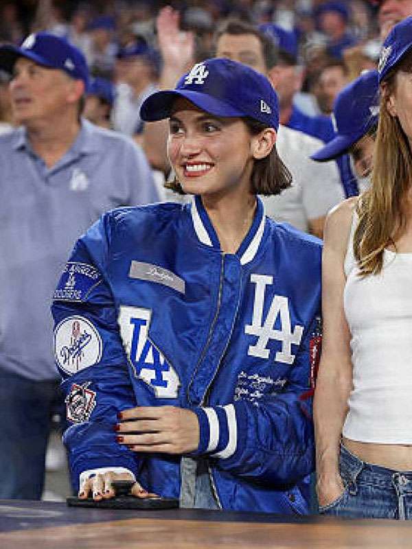 Maude Apatow MLB World Series LA Dodgers Blue Satin Bomber Jacket