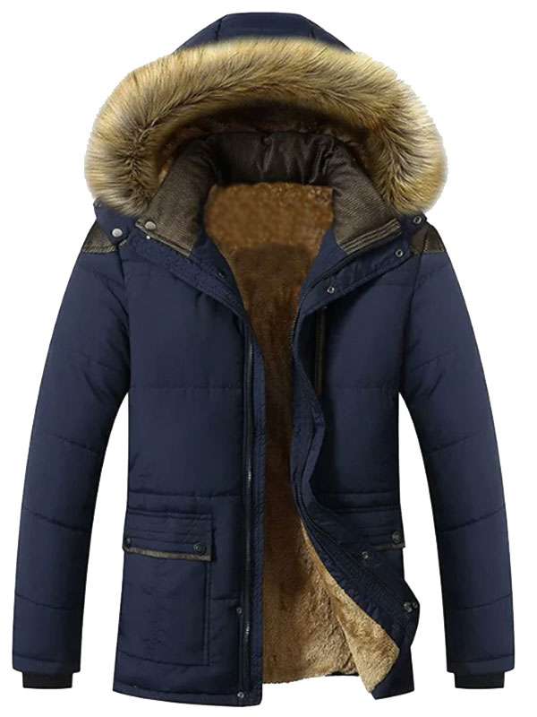 Blue Hooded Puffer Parka Jacket For Men