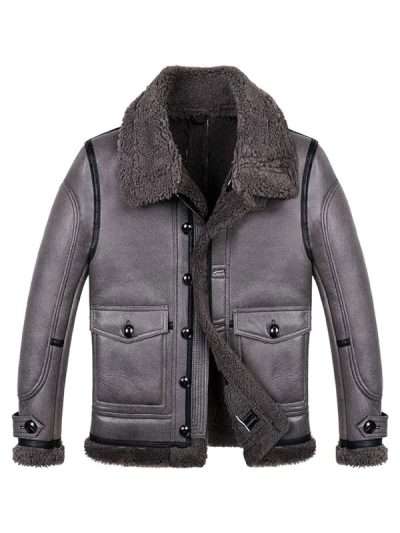 Stylish Grey Sheepskin Shearling Aviator Leather Jacket