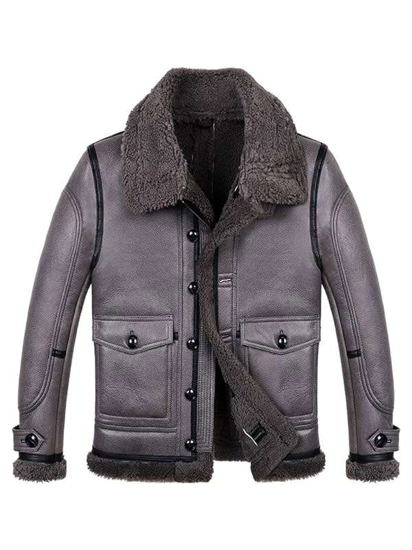 Stylish Grey Sheepskin Shearling Aviator Leather Jacket