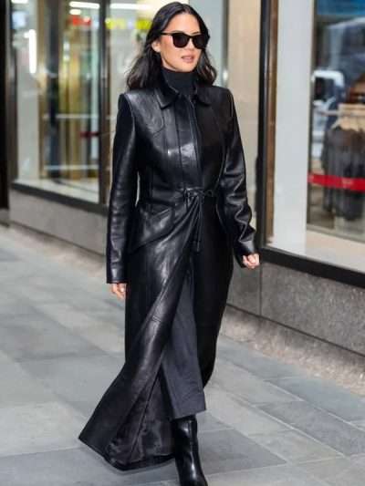Olivia Munn Midtown NYC 2025 Black Leather Coat