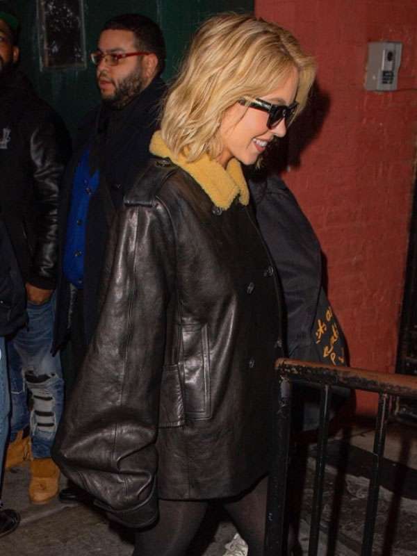 Sydney Sweeney Black Leather Jacket with Shearling Collar