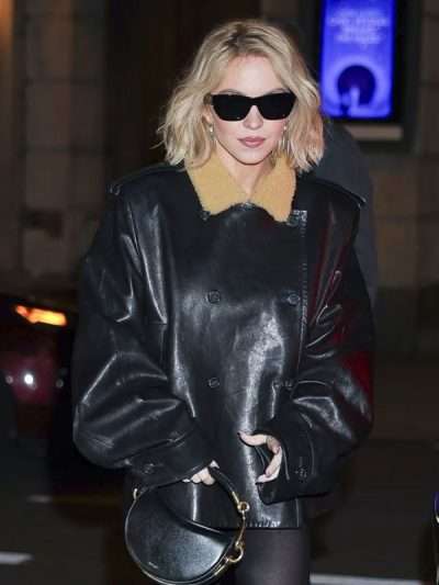 New York City Sydney Sweeney Black Leather Jacket with Fur Collar