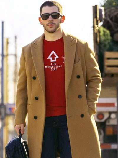 A Very Jonas Christmas Movie 2025 Nick Jonas Brown Wool Coat