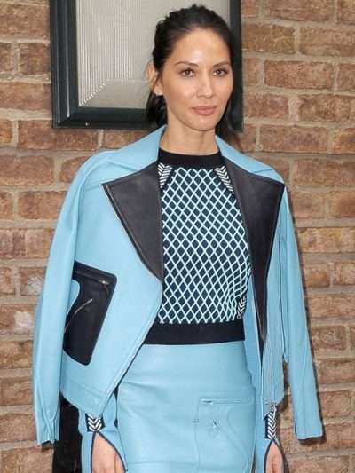 Olivia Munn Street Style Blue Leather Jacket