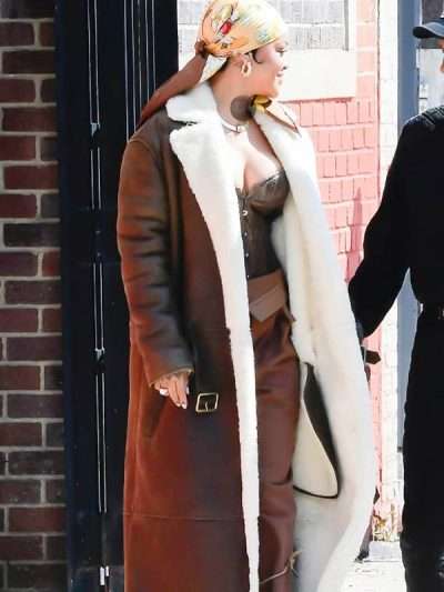 Rihanna Long Oversize Shearling Leather Coat