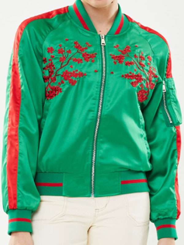 The Iris Affair Meréana Tomlinson Green Floral Embroidered Bomber Jacket