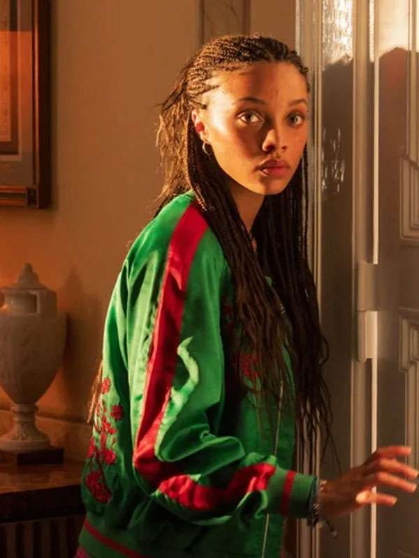 The Iris Affair Meréana Tomlinson Green Floral Embroidered Bomber Jacket
