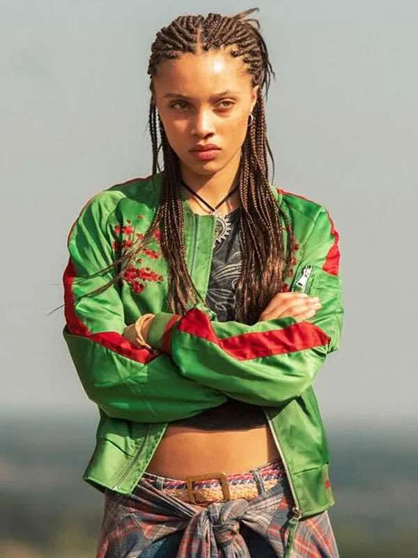 The Iris Affair 2025 Meréana Tomlinson Green Floral Embroidered Bomber Jacket