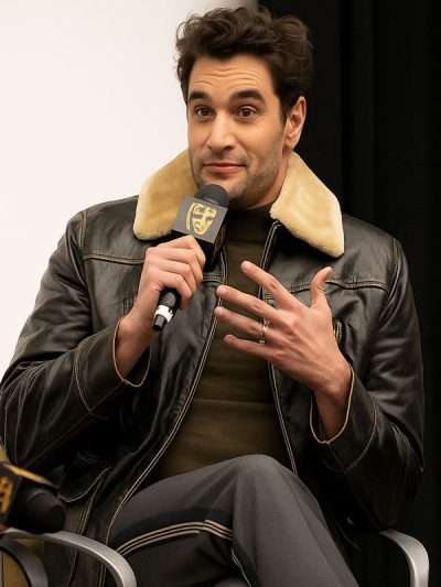 Hedda BAFTA Screening 2025 Tom Bateman Brown Shearling Leather Jacket