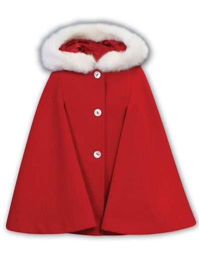 Red Winter Cape With White Faux Fur Collar