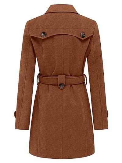 Women Classic Brown Double Breasted Coat with Belted Waist