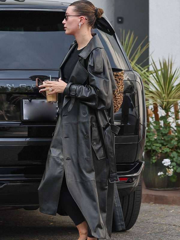 Hailey Bieber 2025 Black Long Leather Coat