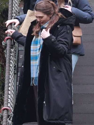 Elizabeth Olsen Eternity 2025 Black Shearling Hooded Coat