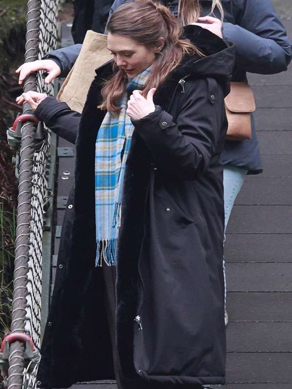 Elizabeth Olsen Eternity 2025 Black Shearling Hooded Coat