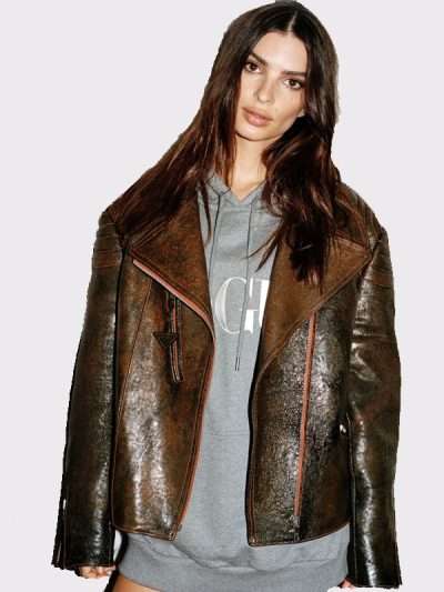 Emily Ratajkowski Brown Distressed Leather Jacket