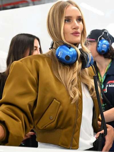 F1 Qatar Grand Prix 2025 Rosie Huntington Whiteley Gold Bomber Jacket
