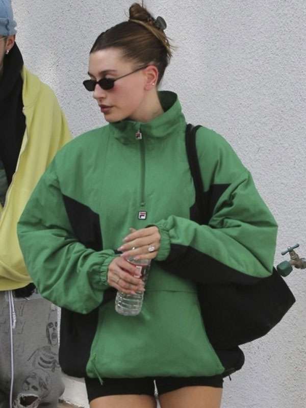 Hailey Bieber Green Half-Zip Anorak Jacket