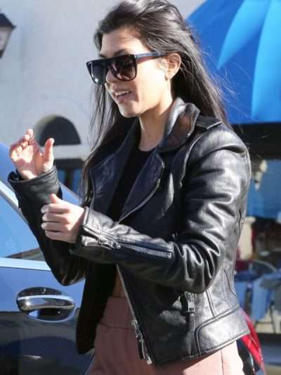 LA Street Stlye Kourtney Kardashian Black Biker Leather Jacket