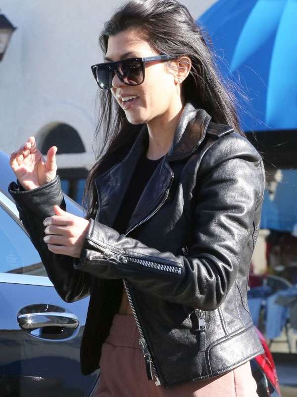 LA Street Stlye Kourtney Kardashian Black Biker Leather Jacket