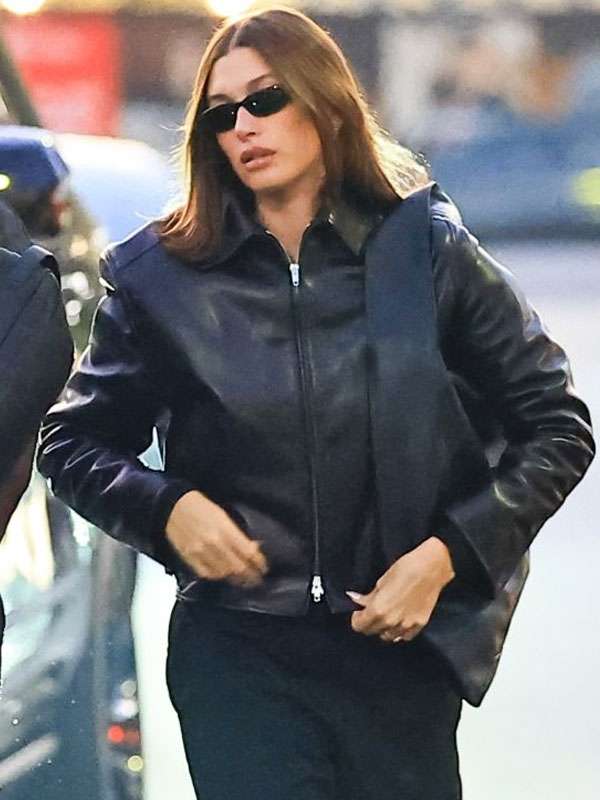 Hailey Bieber 2025 LA Black Leather Jacket