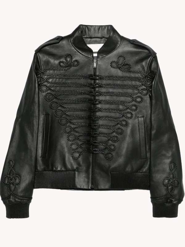 Lady Gaga 2025 Black Embroidered Bomber Leather Jacket