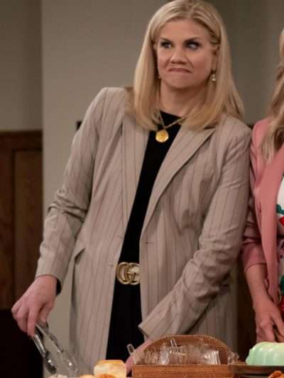 Leanne S01 Kristen Johnston Beige Pinstripe Trench Coat