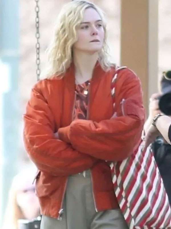 Margo’s Got Money Troubles 2026 Elle Fanning Orange Satin Bomber Jacket