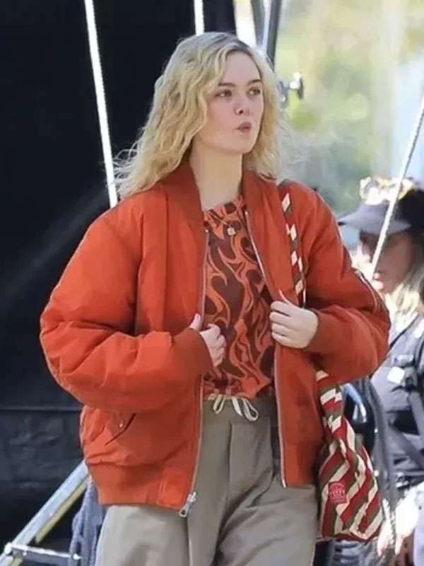 Margo’s Got Money Troubles 2026 Elle Fanning Orange Bomber Jacket