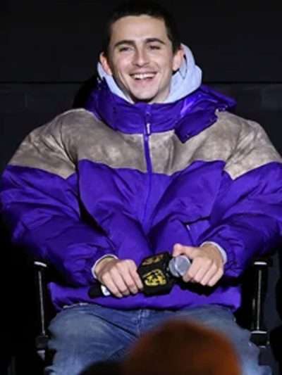 Marty Supreme Screening Timothée Chalamet Purple Puffer Hooded Jacket