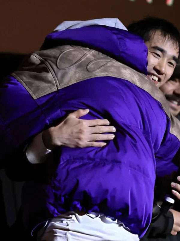Marty Supreme Screening Timothée Chalamet Purple Puffer Jacket