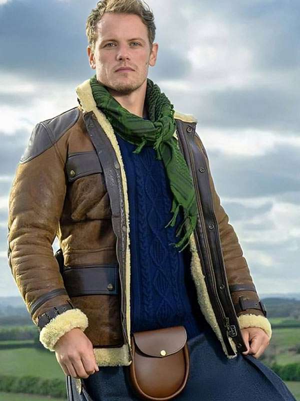 Sam Heughan Men in Kilts S02 Brown Shearling Jacket