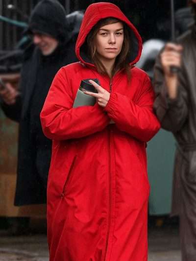 New York City Milly Alcock Red Hooded Coat