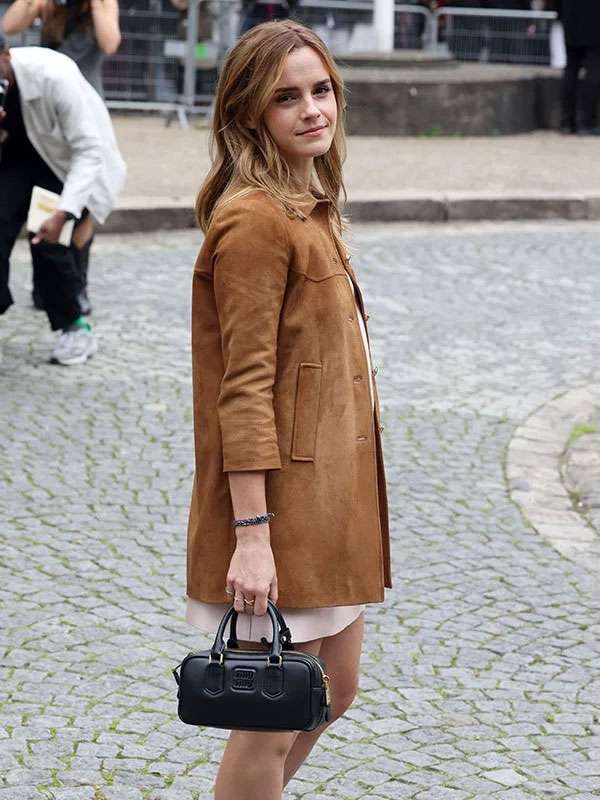 Miu Miu Spring 2026 Fashion Show Emma Watson Brown Suede Leather Coat