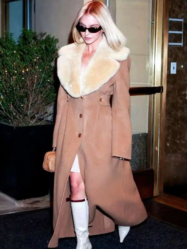 Sydney Sweeney Brown Shearling Wool Coat