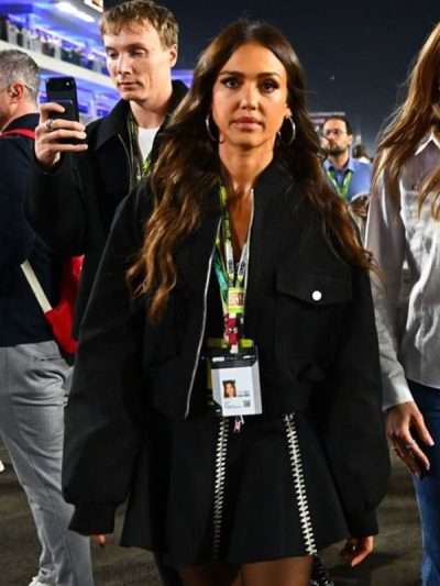 Qatar F1 Grand Prix 2025 Jessica Alba Black Bomber Jacket