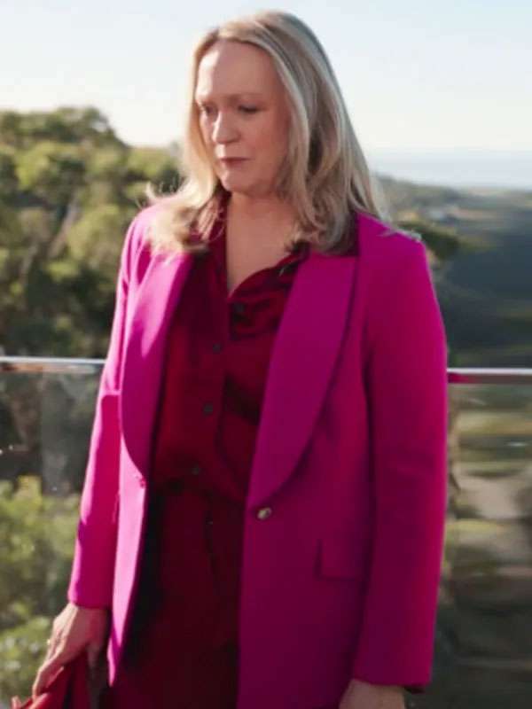 Inspired By: Helen Thomson External Material: Suiting Fabric Inner Lining: Viscose Lining Front: Buttoned Closure Collar: Shawl Lapel Collar Color: Pink Pockets: Two at Front and One Inside Sleeves: Full-Length Sleeves