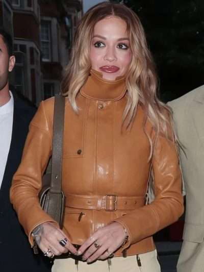 Rita Ora Rita Ora Street Style Brown Belted Leather Jacket