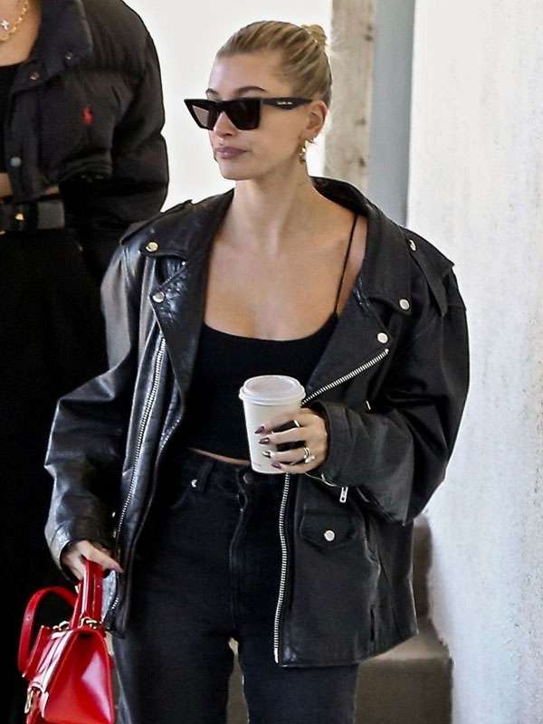 Hailey Bieber Oversized Biker Leather Jacket