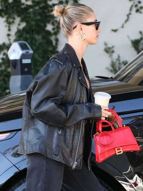 Street Style Hailey Bieber Black Biker Leather Jacket