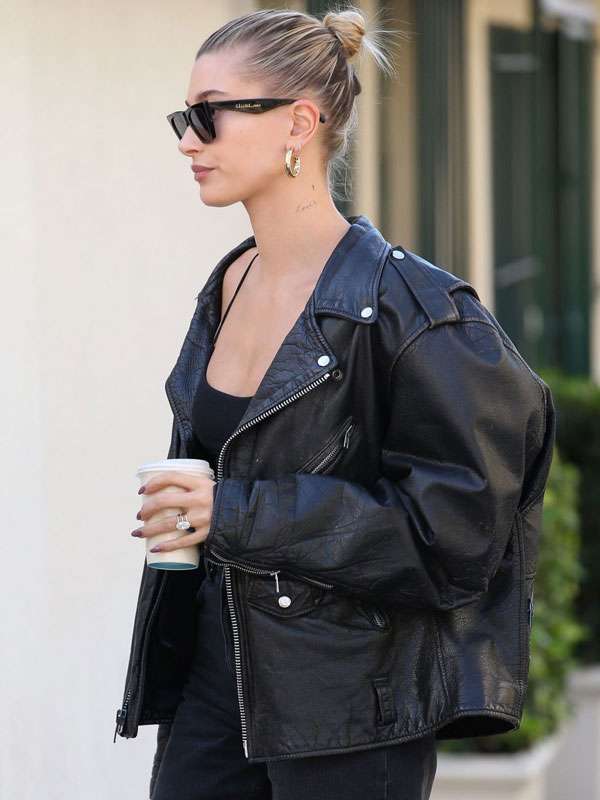 Street Style Hailey Bieber Oversized Black Leather Jacket