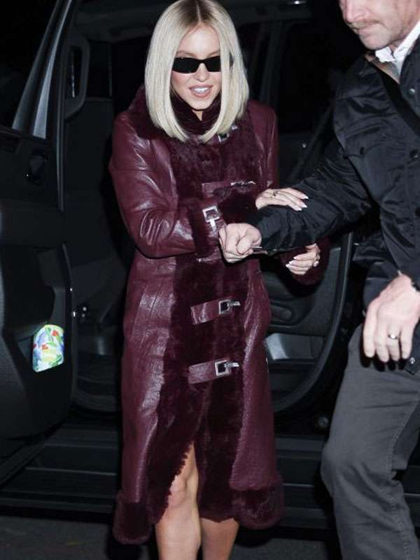 Sydney Sweeney Burgundy Vintage Leather Fur Coat