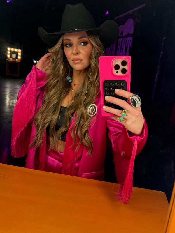 The Road S01 Britnee Kellogg Pink Satin Fringed Blazer