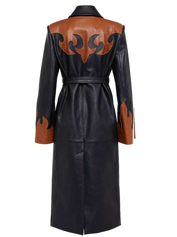 Tiffany Hsu PFW Flames Print Black Leather Trench Coat