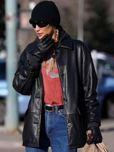 Bella Hadid Aspen 2025 Black Leather Jacket